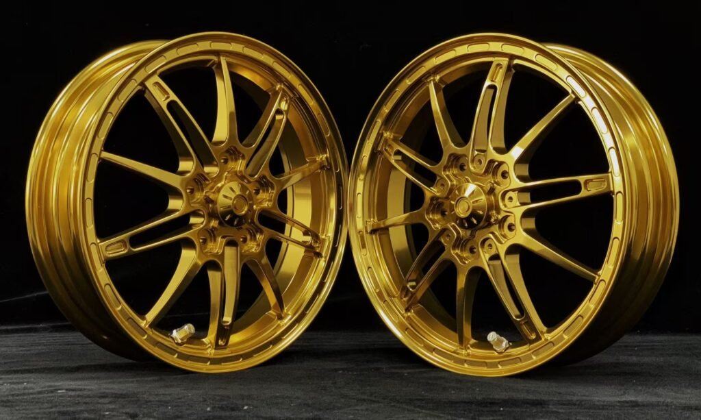 Gold custom forged wheel set for Vespa scooter customization projects