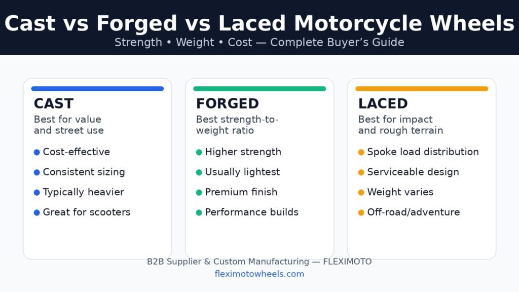 Infographic comparing cast vs forged vs laced motorcycle wheels by strength, weight, cost, and best use cases — FLEXIMOTO