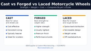 Infographic comparing cast vs forged vs laced motorcycle wheels by strength, weight, cost, and best use cases — FLEXIMOTO
