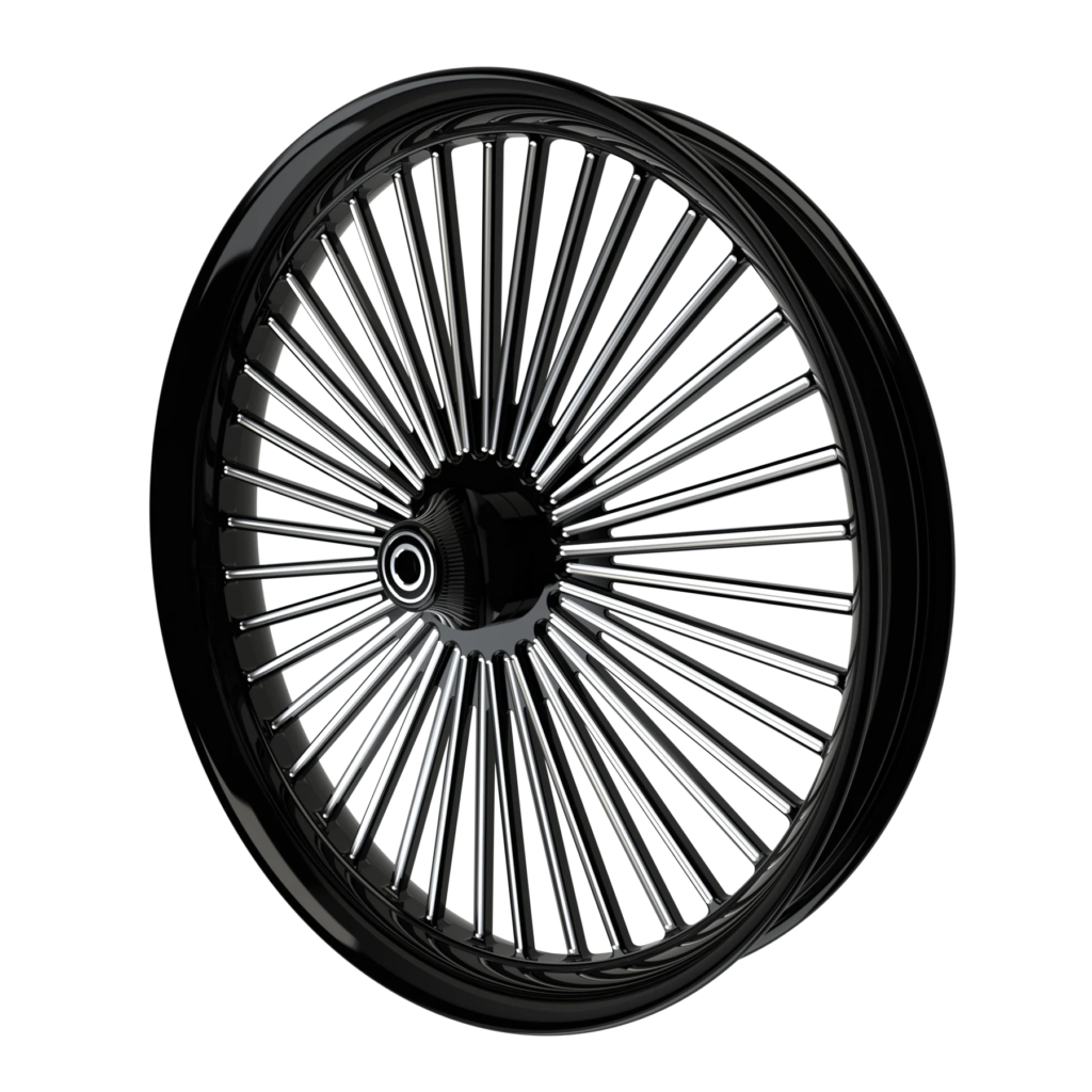 Blacked-out multi-spoke custom wheel on a Harley Street Glide motorcycle