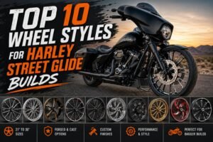 Custom black Harley Street Glide with premium wheel styles displayed for touring and bagger builds