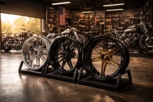 Premium custom motorcycle wheels displayed in a modern custom bike workshop with custom motorcycles in the background