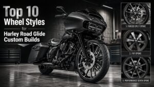 Harley Road Glide custom build with premium aftermarket wheel styles including forged split-spoke, fat-spoke, and performance bagger designs