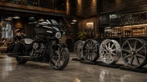 Forged wheels for Harley Touring bikes displayed in a premium custom motorcycle garage
