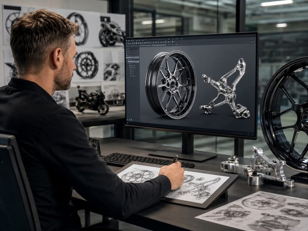 Product engineer reviewing custom motorcycle wheel specifications and 3D CAD design for forged wheels and CNC performance parts