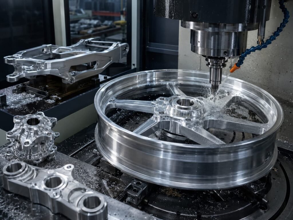 Forged aluminum motorcycle wheel blanks and billet performance parts being precision CNC machined in a professional factory