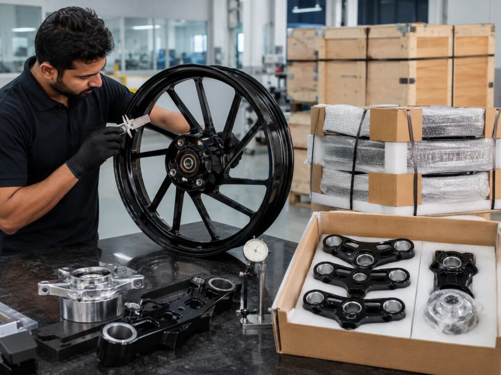 Finished motorcycle wheel and CNC parts being inspected with precision tools before export-grade protective packaging