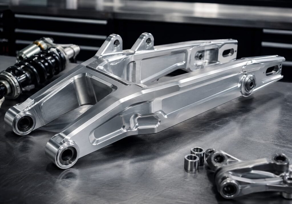 CNC-machined motorcycle swingarm and suspension component, FLEXIMOTO