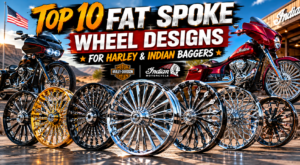 Custom fat spoke wheel designs displayed with Harley and Indian bagger motorcycles