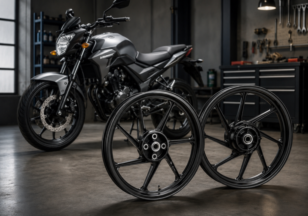 Custom black cast motorcycle wheel, FLEXIMOTO