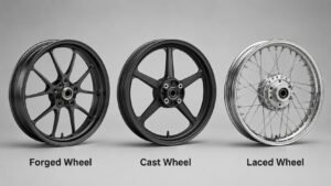 Forged, cast and laced motorcycle wheels compared side by side for B2B sourcing by FLEXIMOTO