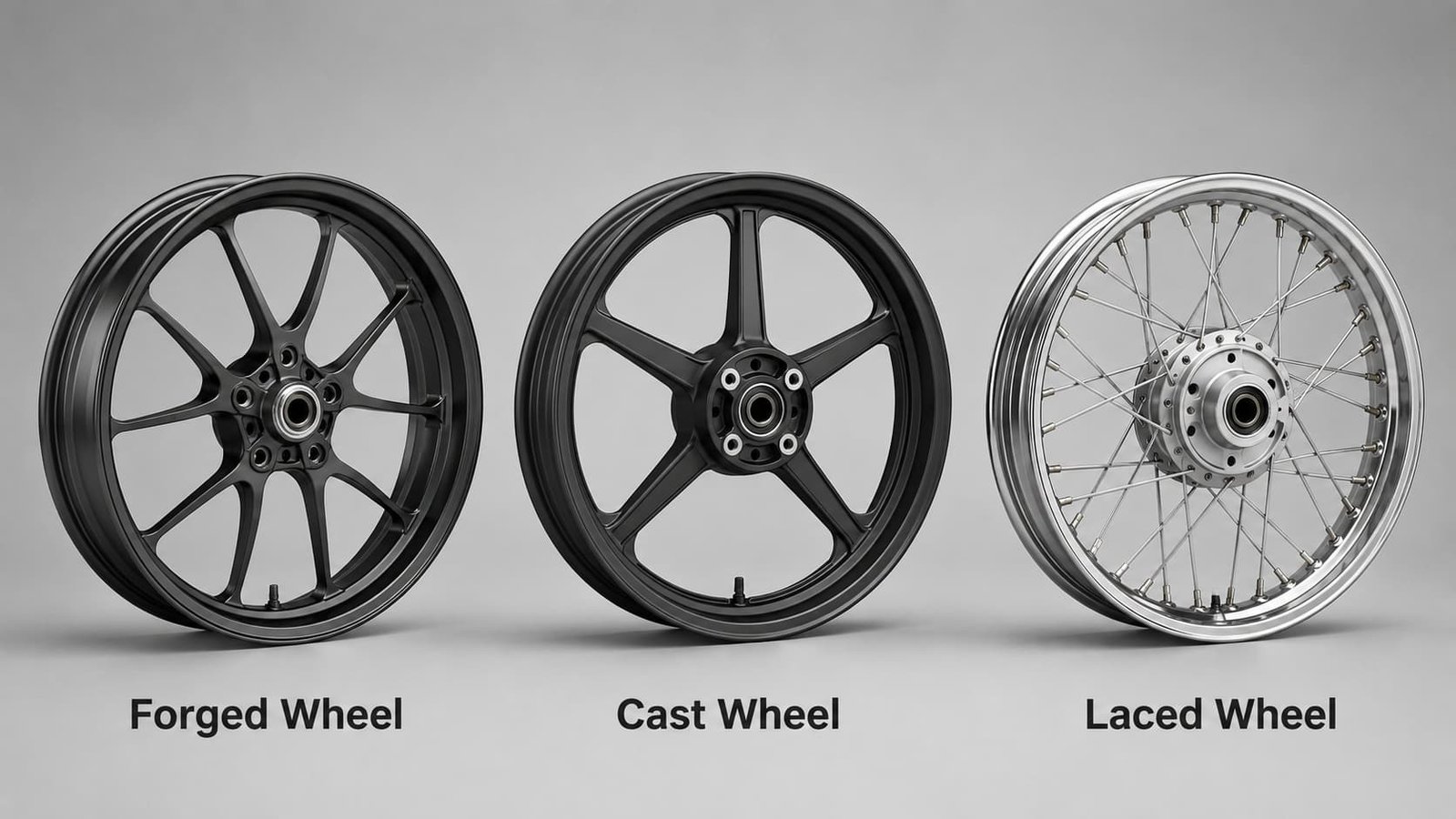 Forged, cast and laced motorcycle wheels compared side by side for B2B sourcing by FLEXIMOTO