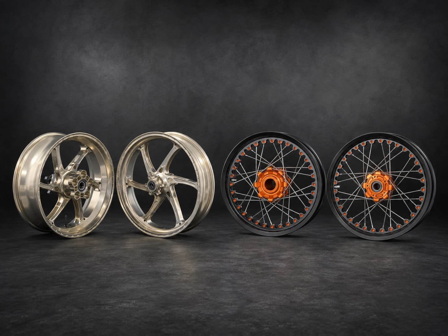 Custom motorcycle wheels supplied by FLEXIMOTO in forged and laced finishes