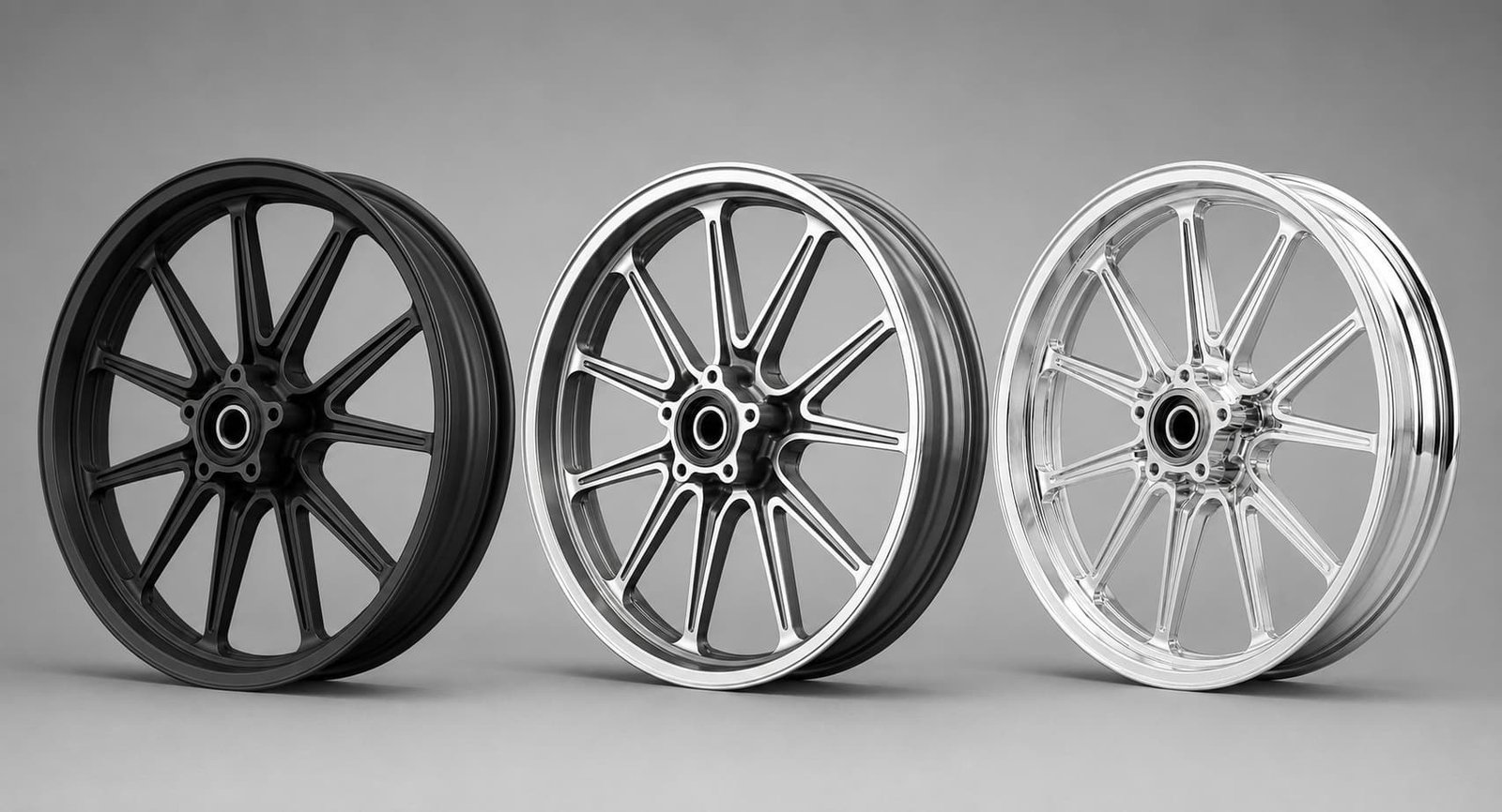 Motorcycle wheel finish options from single-color powder coat to two-tone and polish, showing cost tiers at FLEXIMOTO
