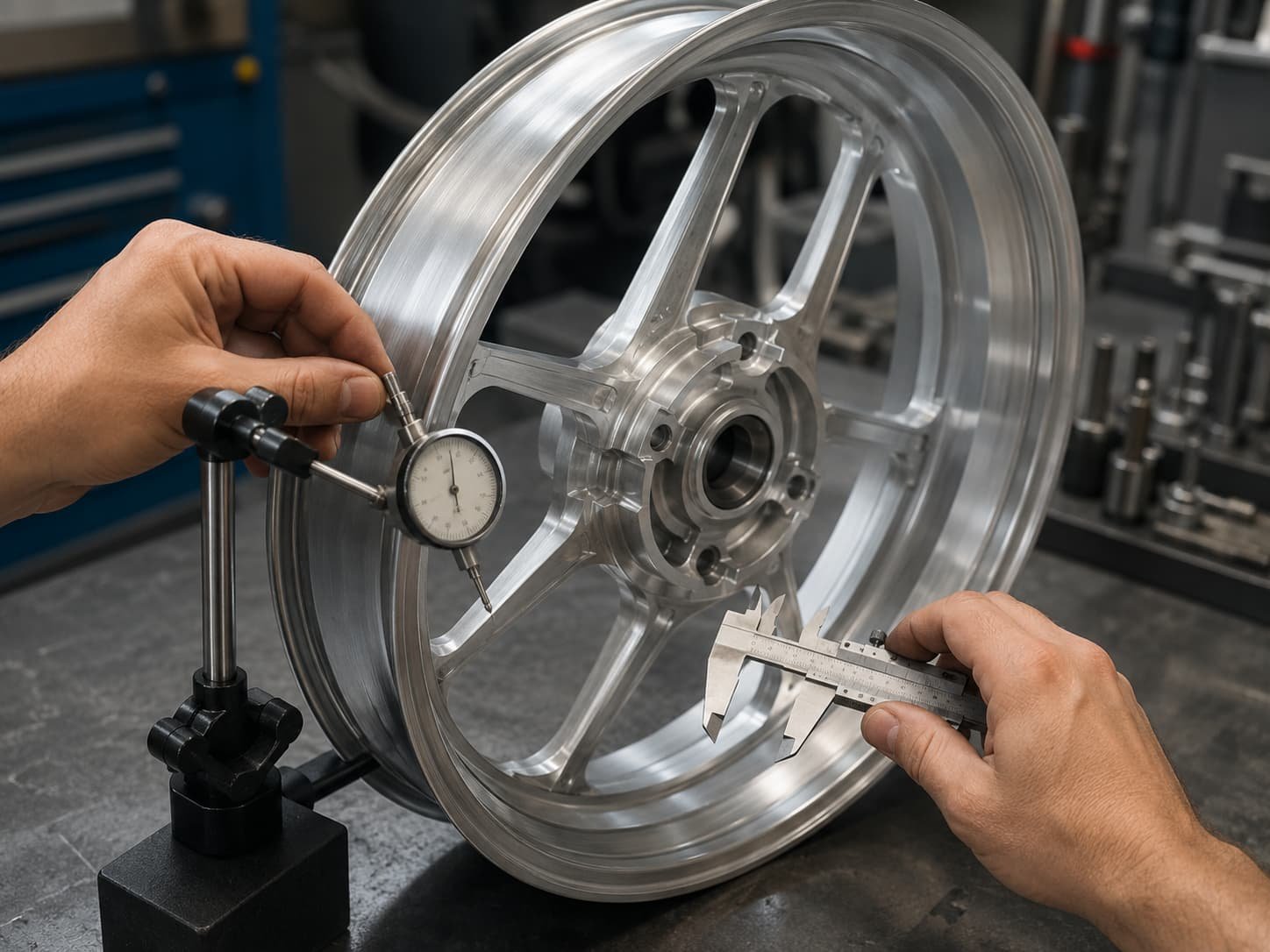 Technician measuring a forged motorcycle wheel sample for fitment and runout at FLEXIMOTO