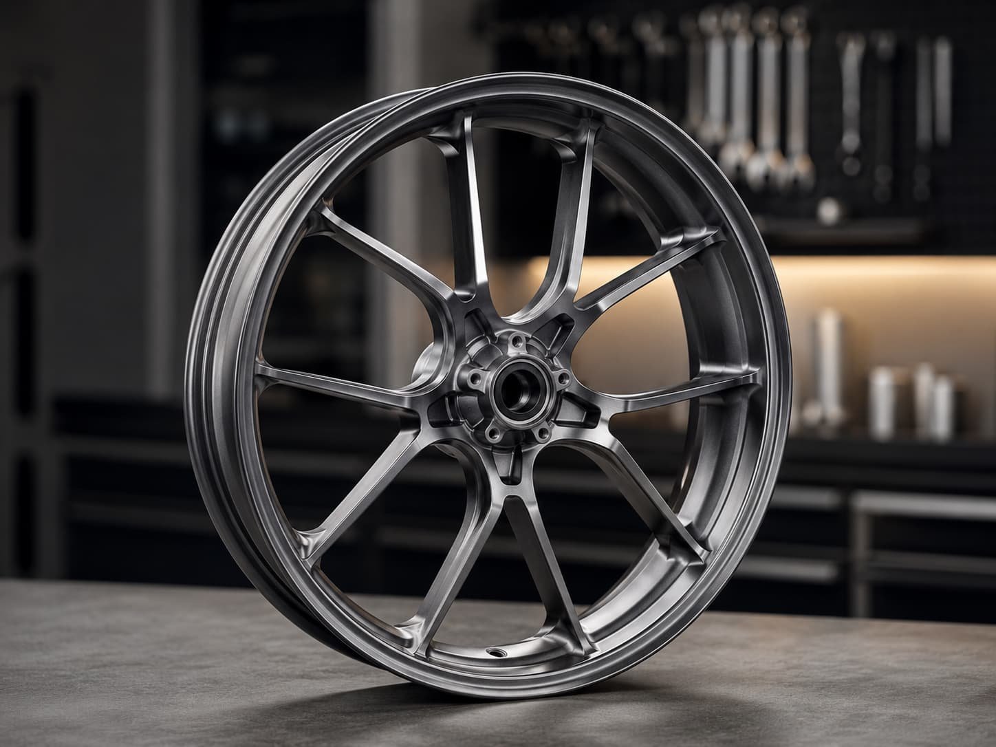 Custom forged motorcycle wheel sample order inspected before bulk production at FLEXIMOTO