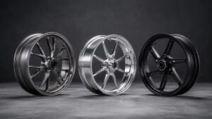 Custom forged motorcycle wheels lined up for a new private-label motorcycle wheel brand by FLEXIMOTO