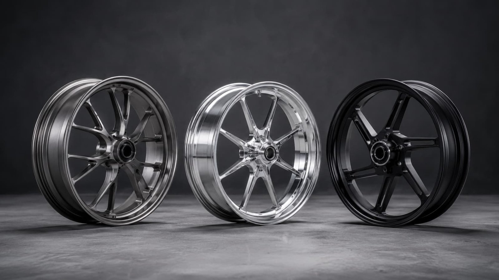 Custom forged motorcycle wheels lined up for a new private-label motorcycle wheel brand by FLEXIMOTO