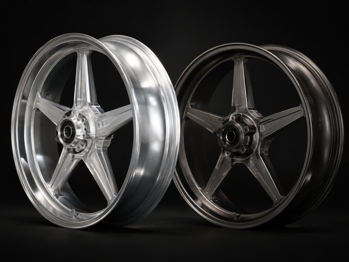 6061-T6 forged aluminum and forged magnesium motorcycle wheels side by side from FLEXIMOTO