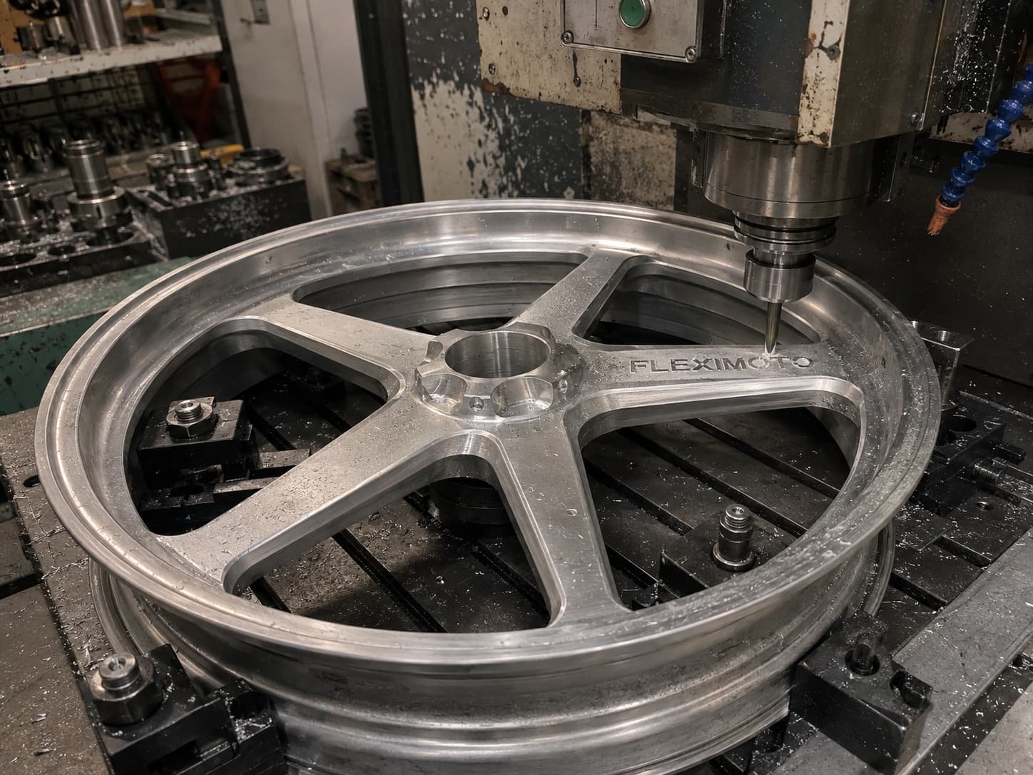 Laser-engraved private-label brand logo on a forged motorcycle wheel spoke produced by FLEXIMOTO