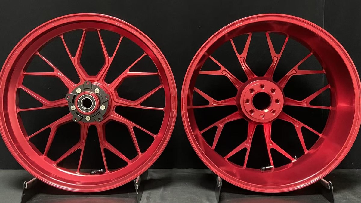 Red mesh-spoke forged wheel set for MV Agusta, front and rear