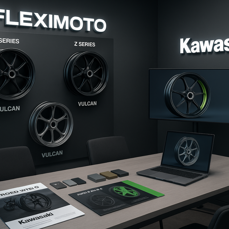 FLEXIMOTO consultation space with Kawasaki forged wheels and design materials.