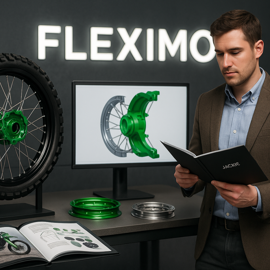 02-Design Support from Start to Finish FLEXIMOTOโs product showroom with Kawasaki laced wheel and Jackie consulting.