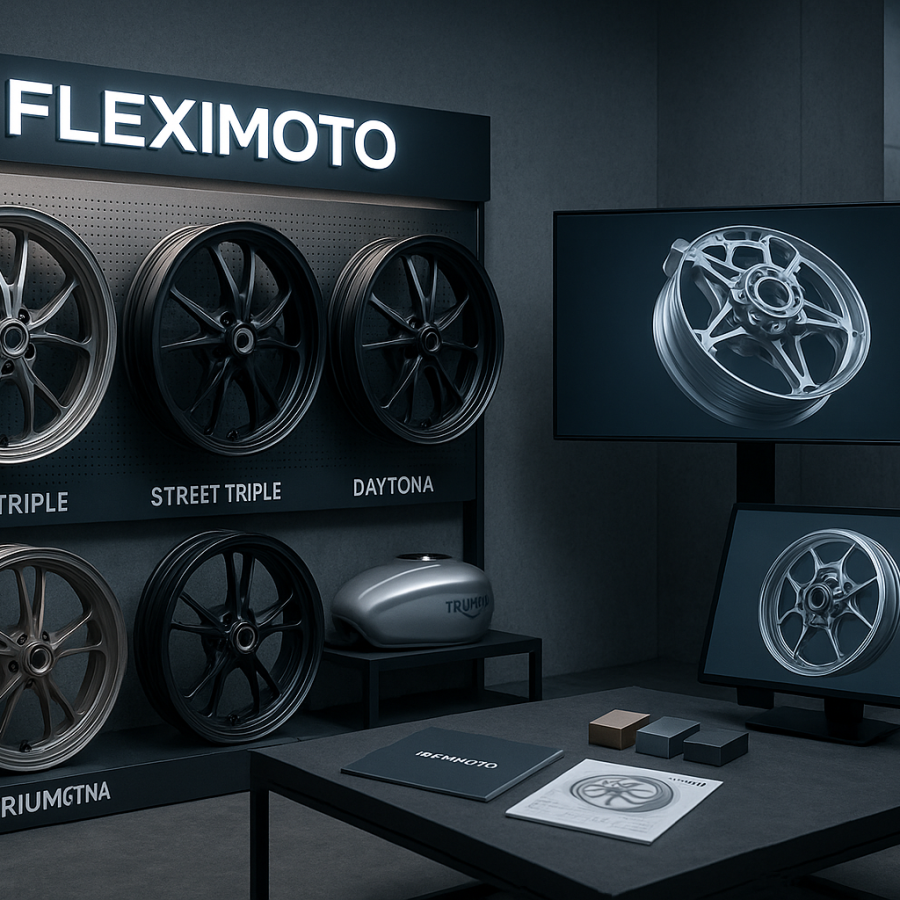 FLEXIMOTO showroom showcasing forged wheels and digital design for Triumph motorcycles.