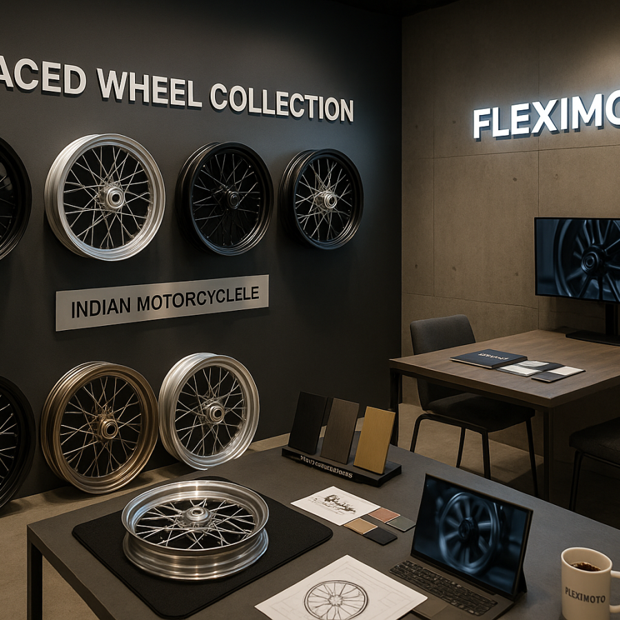 FLEXIMOTO showroom with a section dedicated to Indian motorcycle laced wheels and product consultation materials.