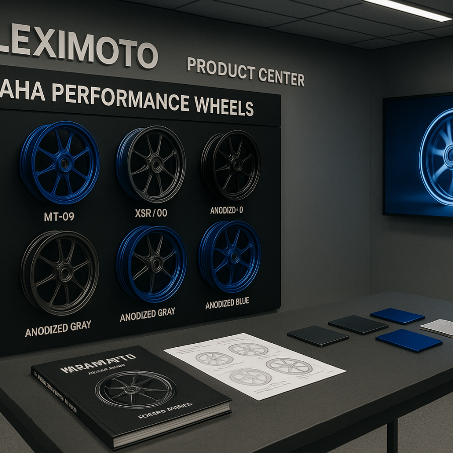 FLEXIMOTO showroom featuring forged wheels for Yamaha sport bikes with technical displays and finish samples.