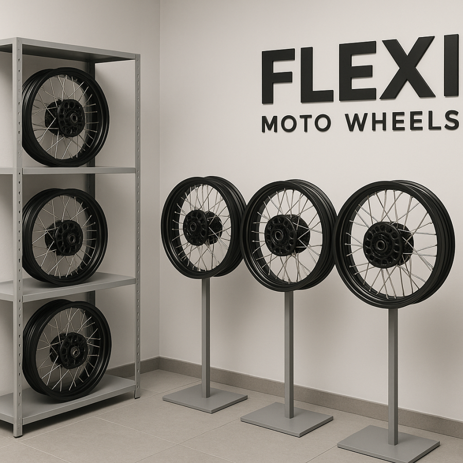 FLEXI Moto Wheels showroom displaying custom laced wheels for BMW adventure motorcycles, with brand signage in a clean and professional setting