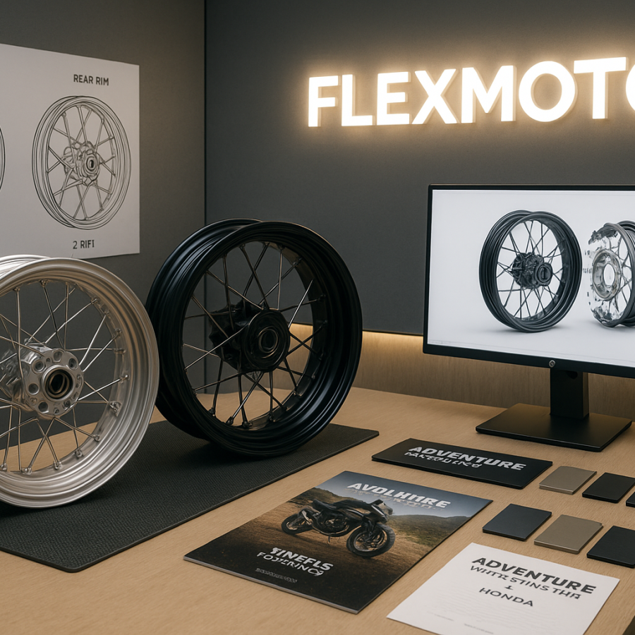 02 FLEXIMOTO’s showroom showcasing Honda adventure laced wheels and CAD displays.
