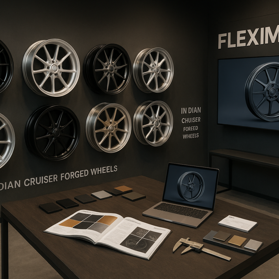 FLEXIMOTO showroom area focused on Indian forged wheels, complete with 3D design previews and finish options for distributors.