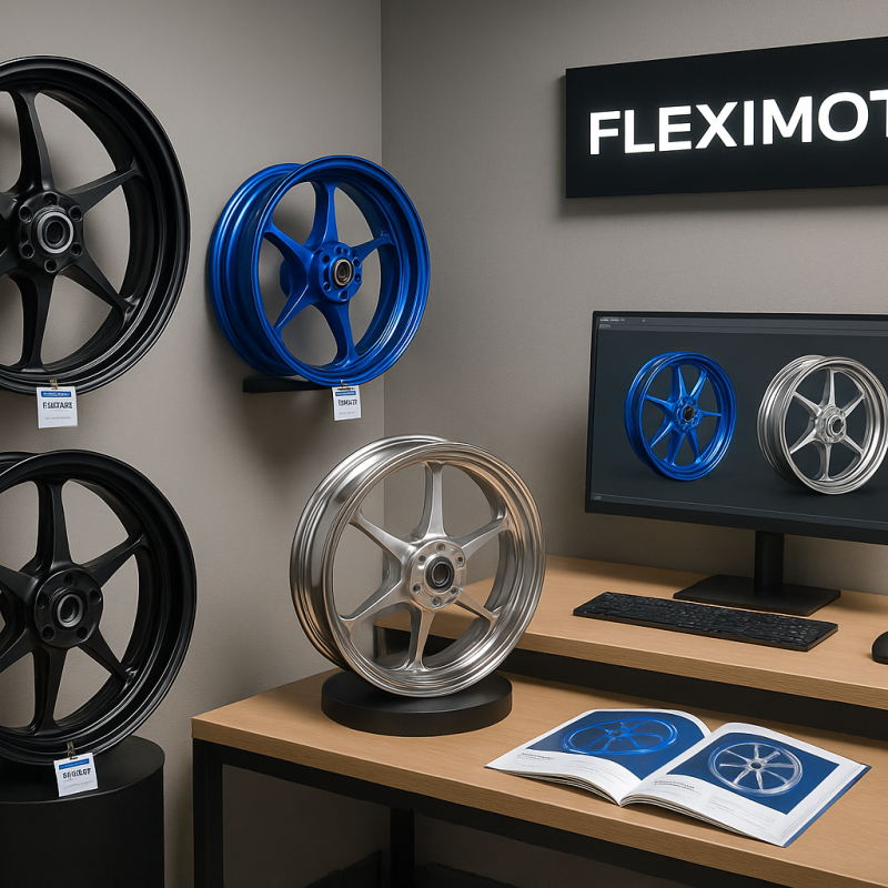 FLEXIMOTO product studio showing Yamaha forged wheels and digital wheel designs in a professional setting.
