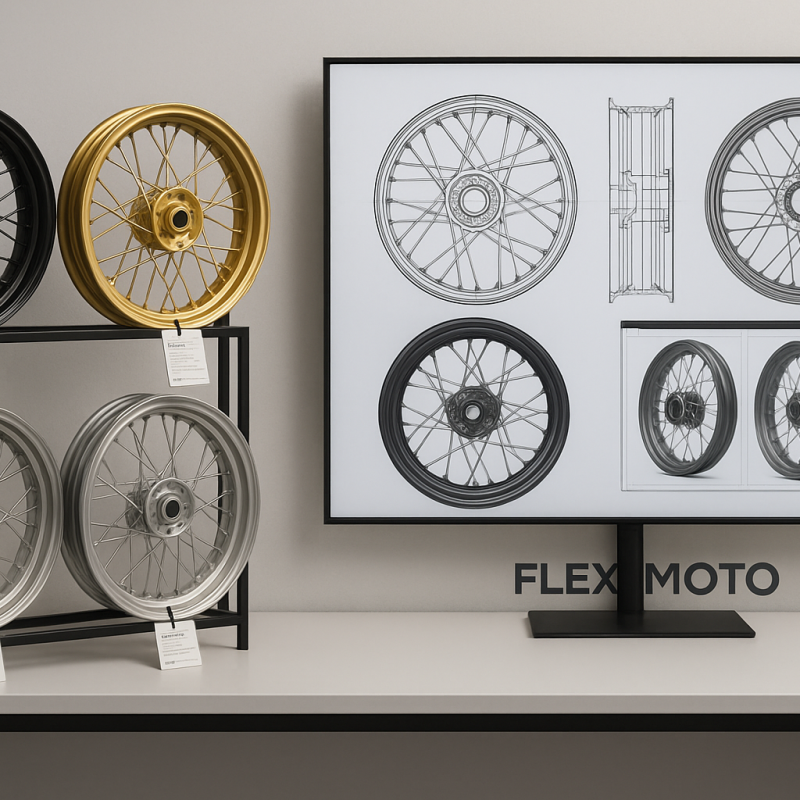 FLEXIMOTO workshop displaying Honda scooter laced wheels and CAD models, showing development expertise and product quality.