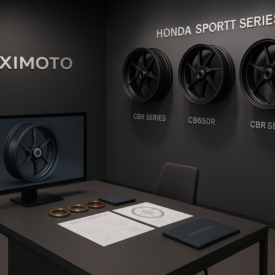 FLEXIMOTO showroom area featuring forged wheels for Honda sport bikes, technical materials, and CAD design previews.