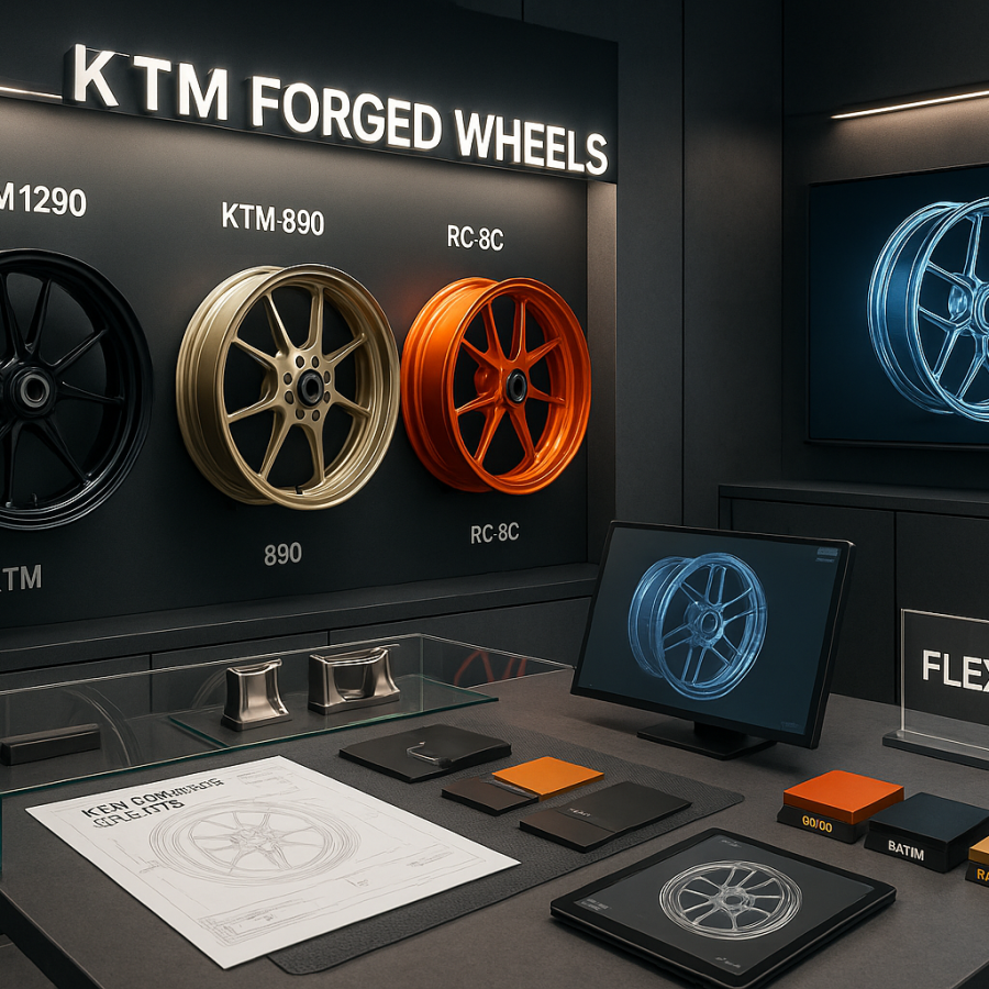 02 Showroom Innovation Where FLEXIMOTO Builds KTM-Specific Wheel Solutions FLEXIMOTO showroom KTM section with forged wheels and custom finish samples for high-performance bikes.