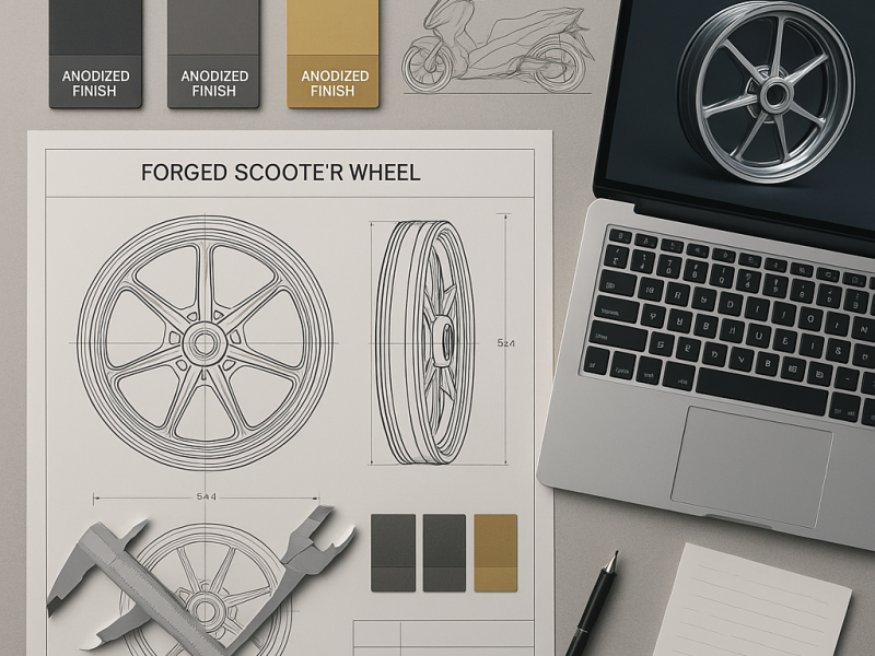 03-Design and Planning for Custom Yamaha Scooter Wheels Design tools and engineering blueprints for Yamaha forged scooter wheels on a workbench.