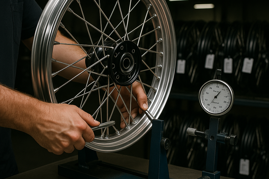 Technician installing dual-row spokes on Triumph adventure wheels at FLEXIMOTO facility.
