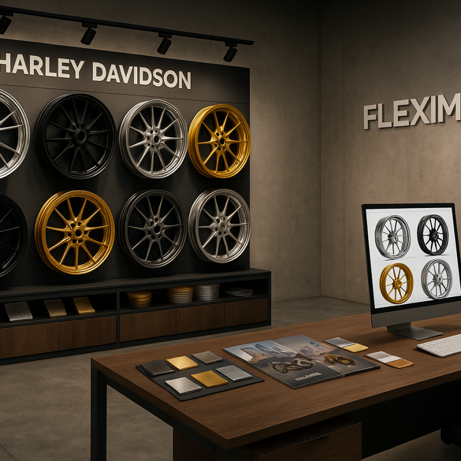 FLEXIMOTO’s showroom featuring Harley Davidson forged wheel displays, material samples, and professional branding.