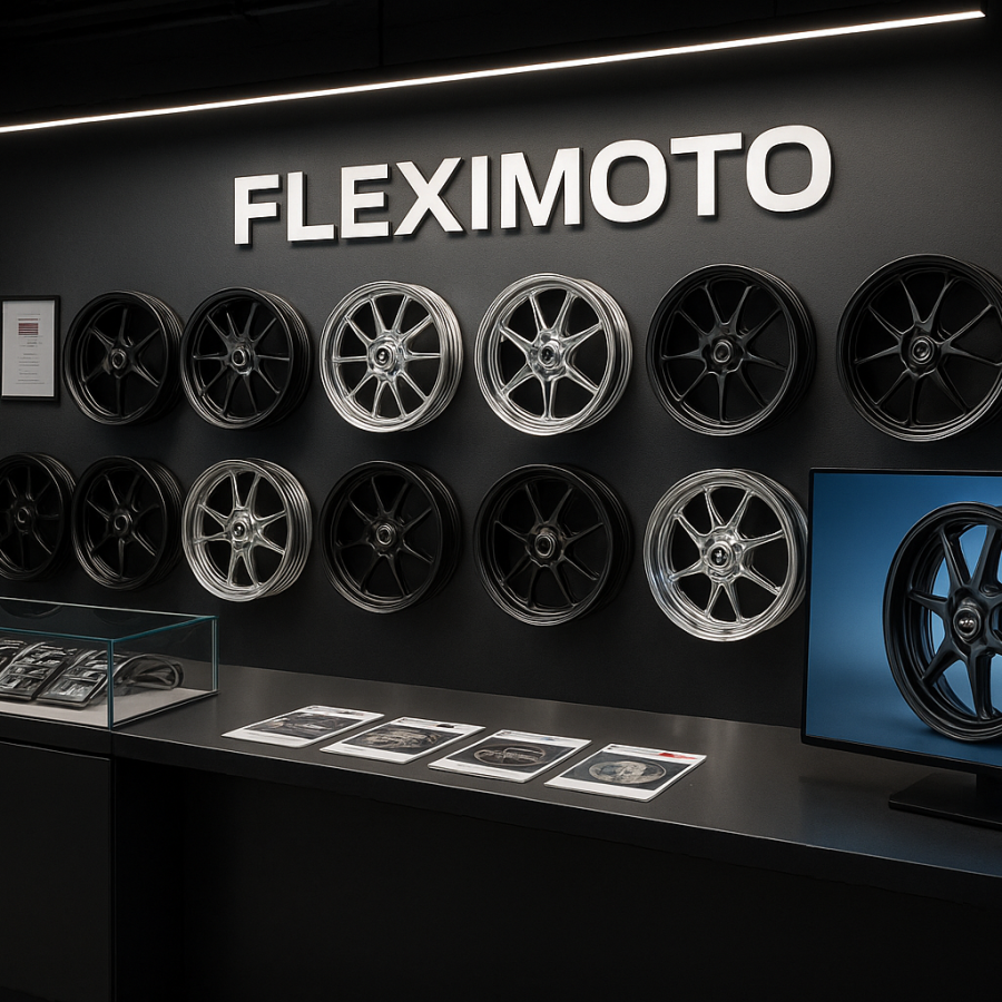 FLEXIMOTO showroom featuring branded displays of forged and cast wheels, product brochures, and international trade elements.