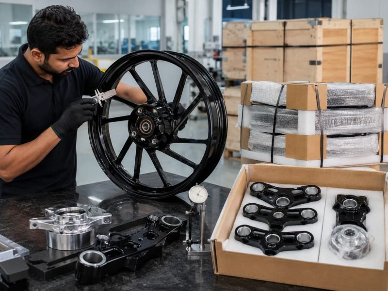 Finished motorcycle wheel and CNC parts being inspected with precision tools before export-grade protective packaging