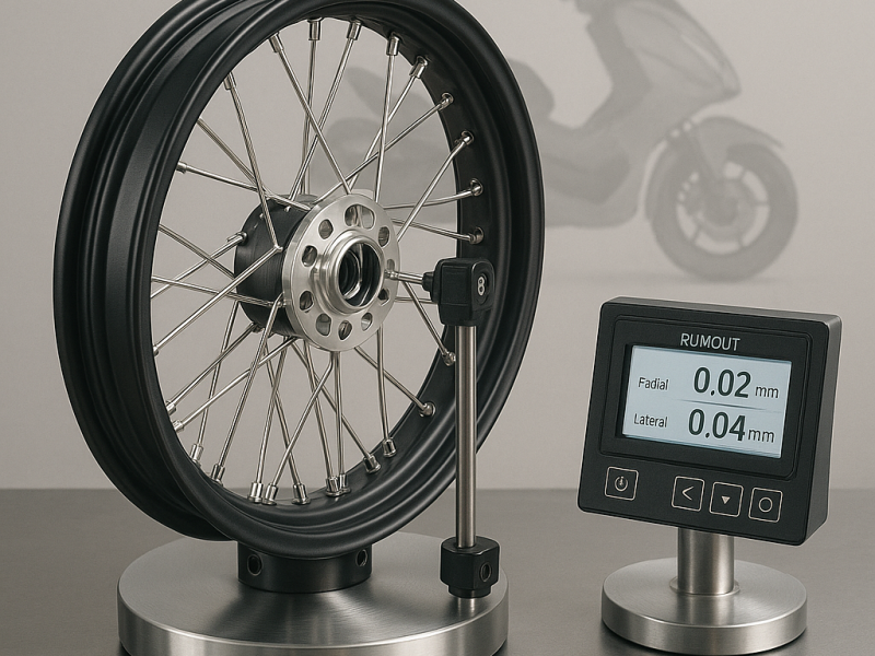 Honda scooter laced wheel mounted on roundness test rig with digital readout, showing rigorous B2B quality control process.