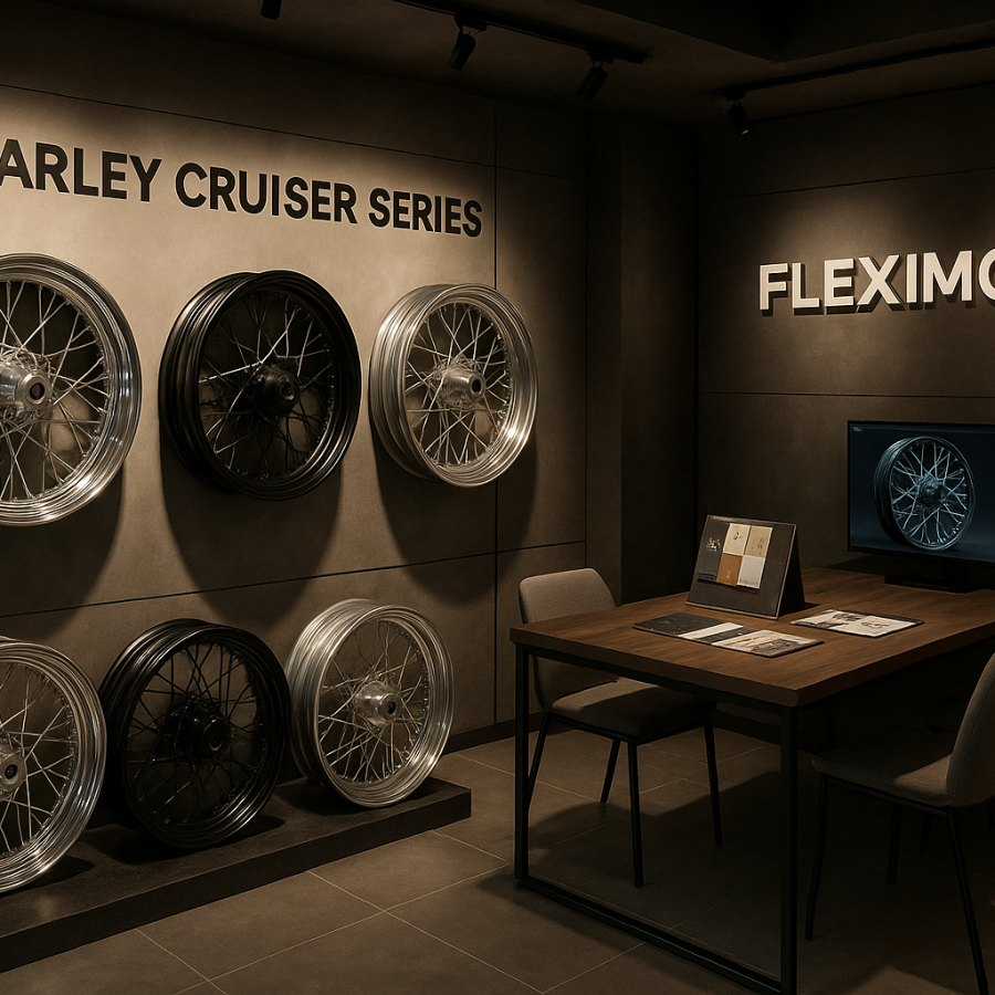FLEXIMOTO showroom area focused on Harley cruiser laced wheels, with premium finishes and professional consultation space.